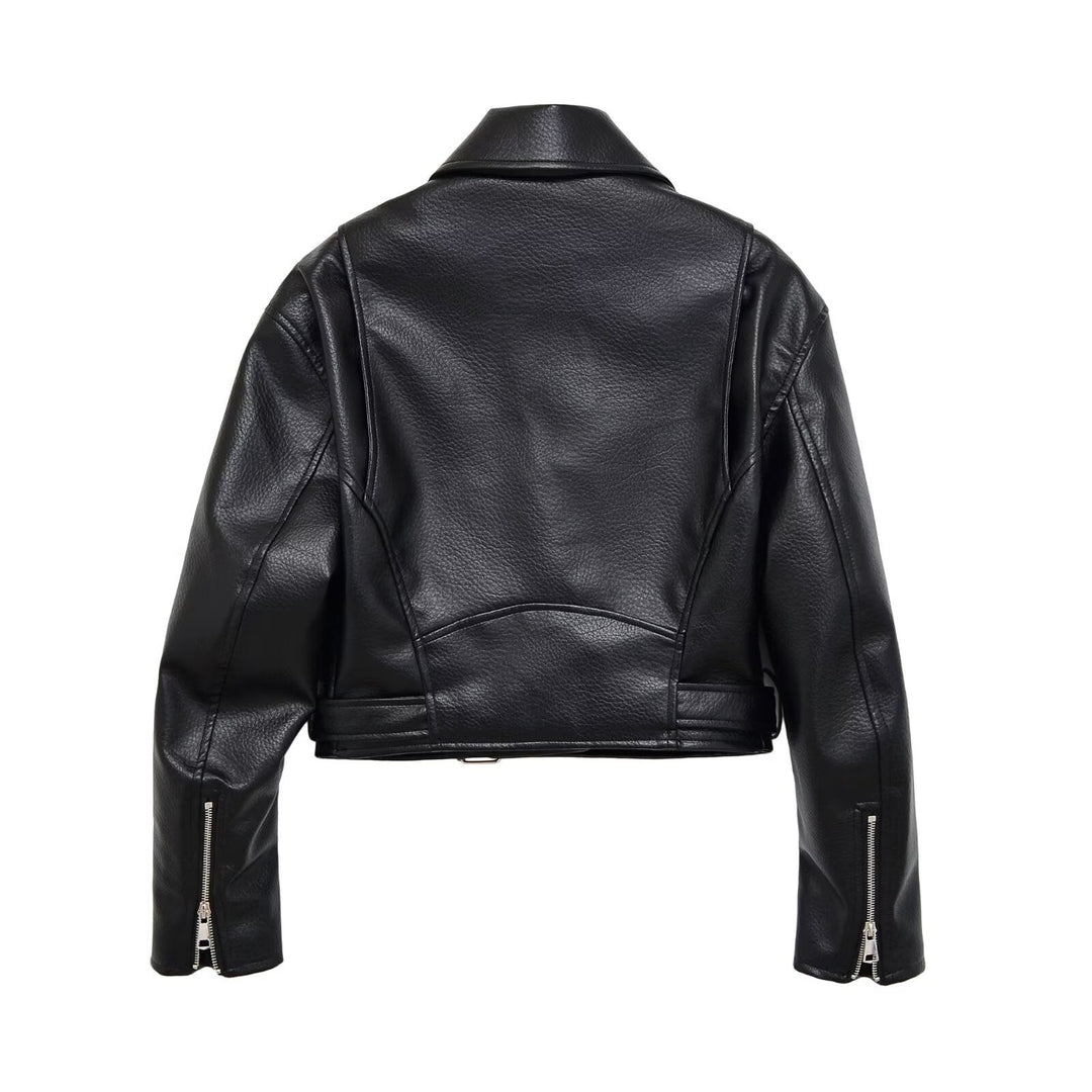 Dam Bikerjacka Tillverkad av Vegansk Läder Imitation med Asymmetrisk Dragkedja och Waist Belt