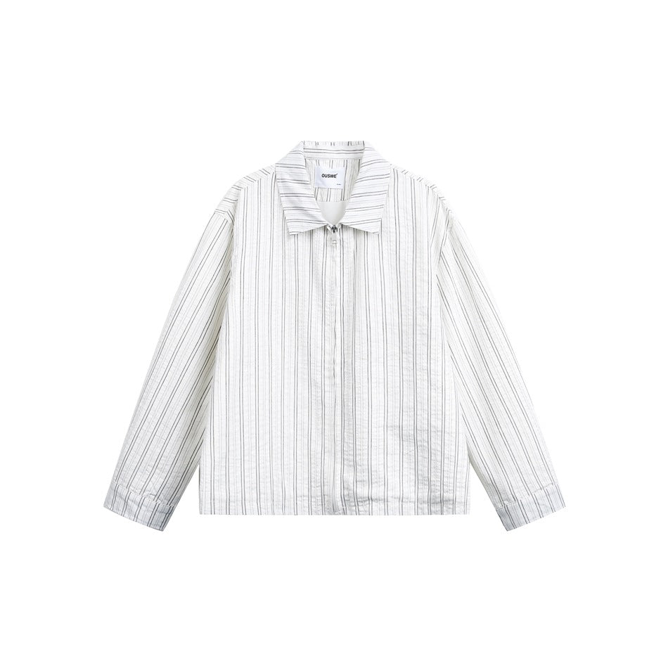 Unisex Lätt Randig Overshirt Jacka med Skjortkrage och Concealed Dragkedja