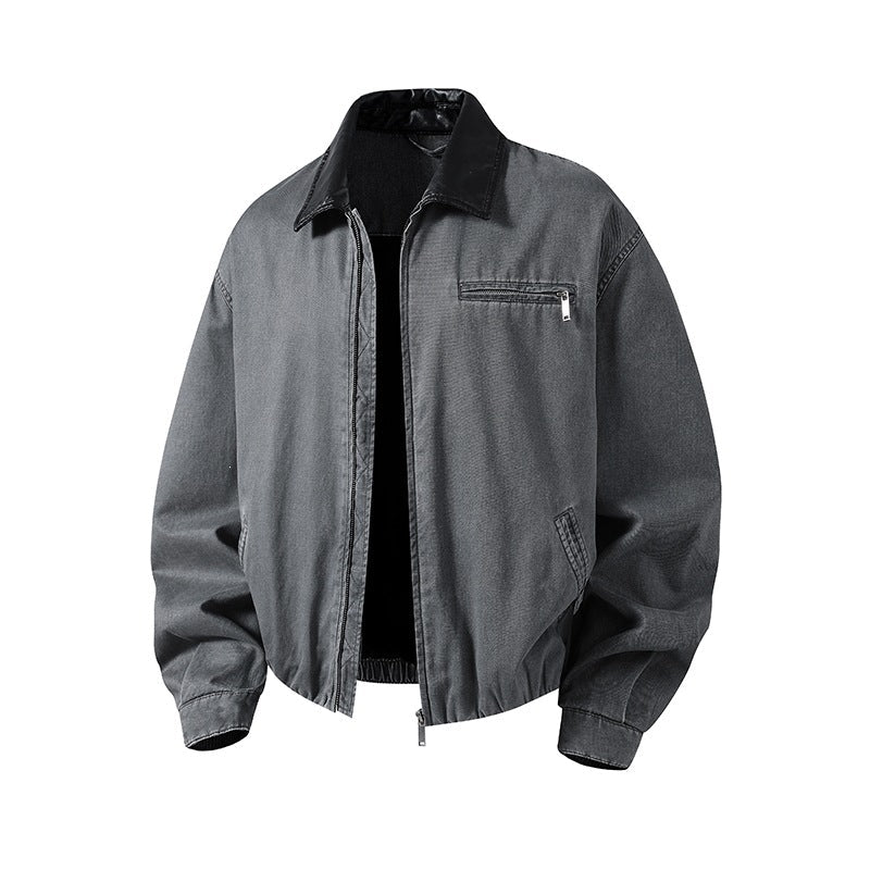 Herr Boxig-Denim Overskjortjacka med Läder Krage, Bröstficka med Dragkedja &amp; Elastisk Fåll