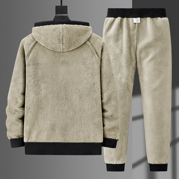 Herr Fleece-Fodrad Dragkedja Luvtröja och Jogging Byxor Set med Teddy Foder