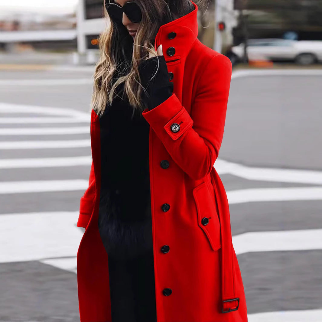 Dam lång skärning trenchcoat med hög ståkrage, knappslå och midjebälte look