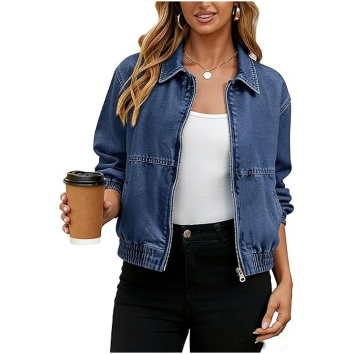 Dam lätt kort denimjacka med Elastic muddar och Zip