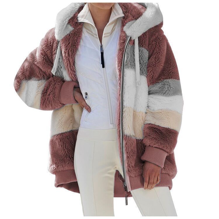 Dam oversized vadderad faux pälsjacka med huva, block stripes och ribbstickade muddar