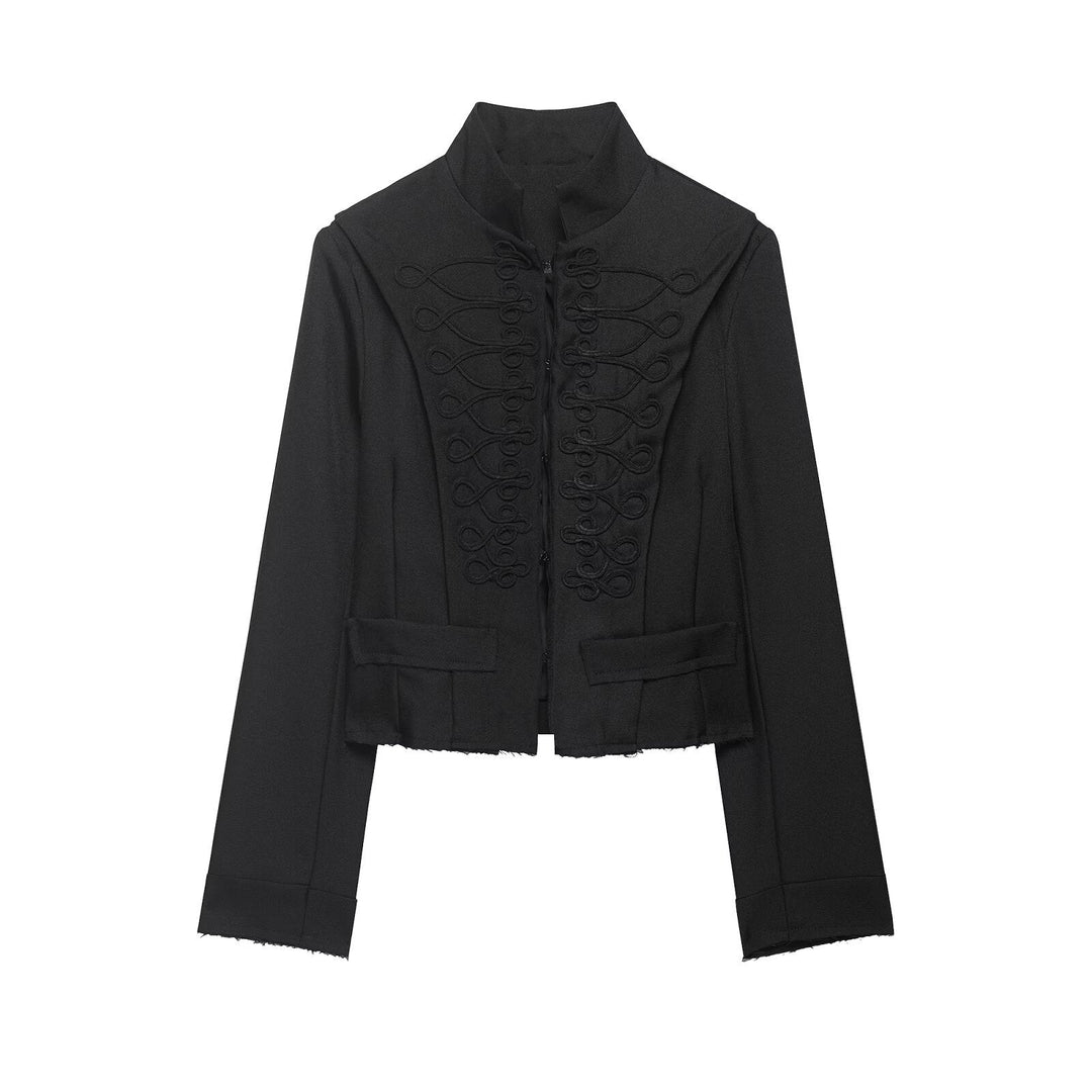 Dam Kort Military Blazer med Stå Krage, Dekorativ Loops och Fringed Nederkant