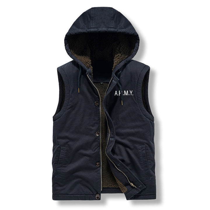 Herr Sleeveless Canvas Väst med Teddy Fleecefoder, Huva, och Tvåvägsdragkedja