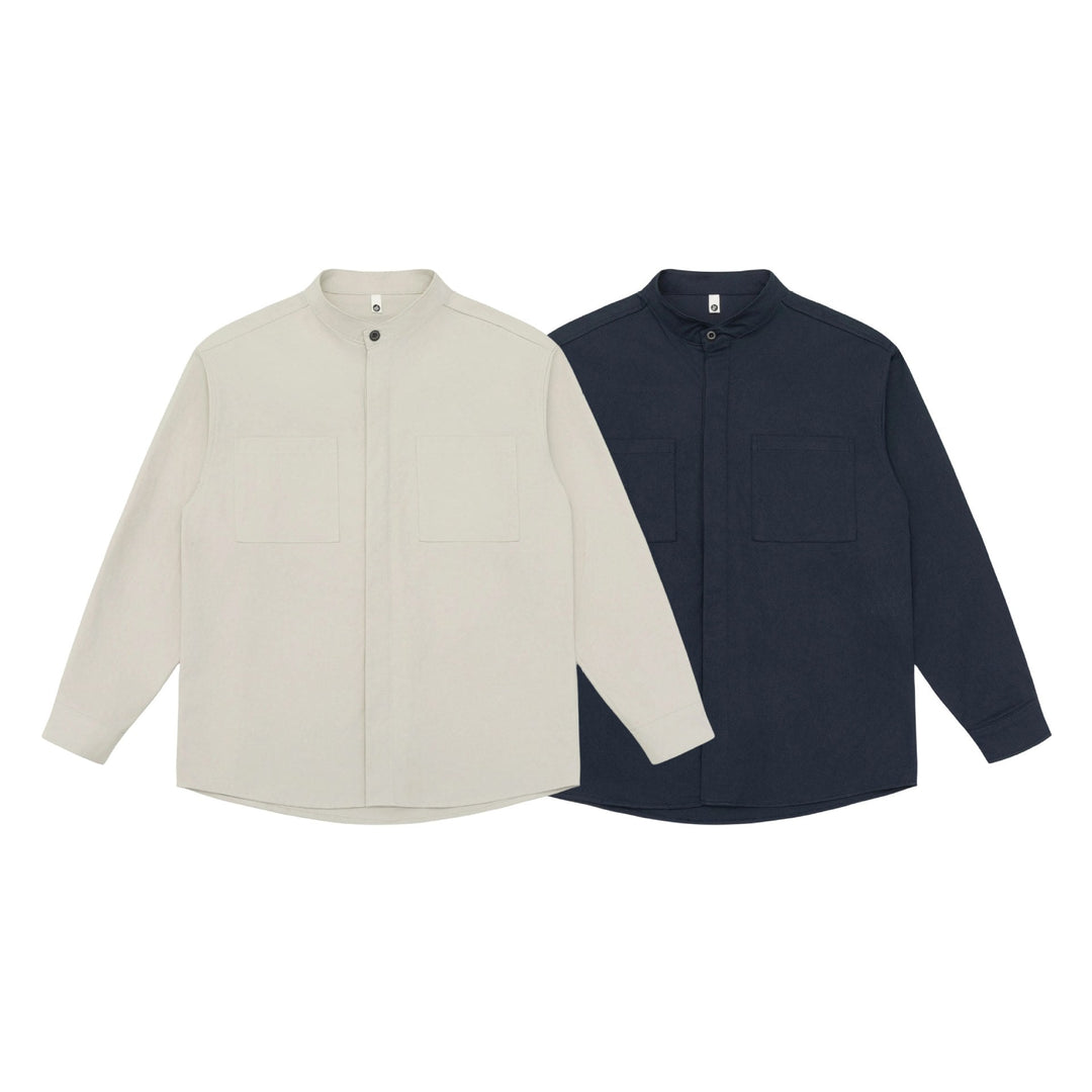Unisex Skjorta Jacka med Ståkrage, Concealed Knapplist, och Lapp Breast Fickor