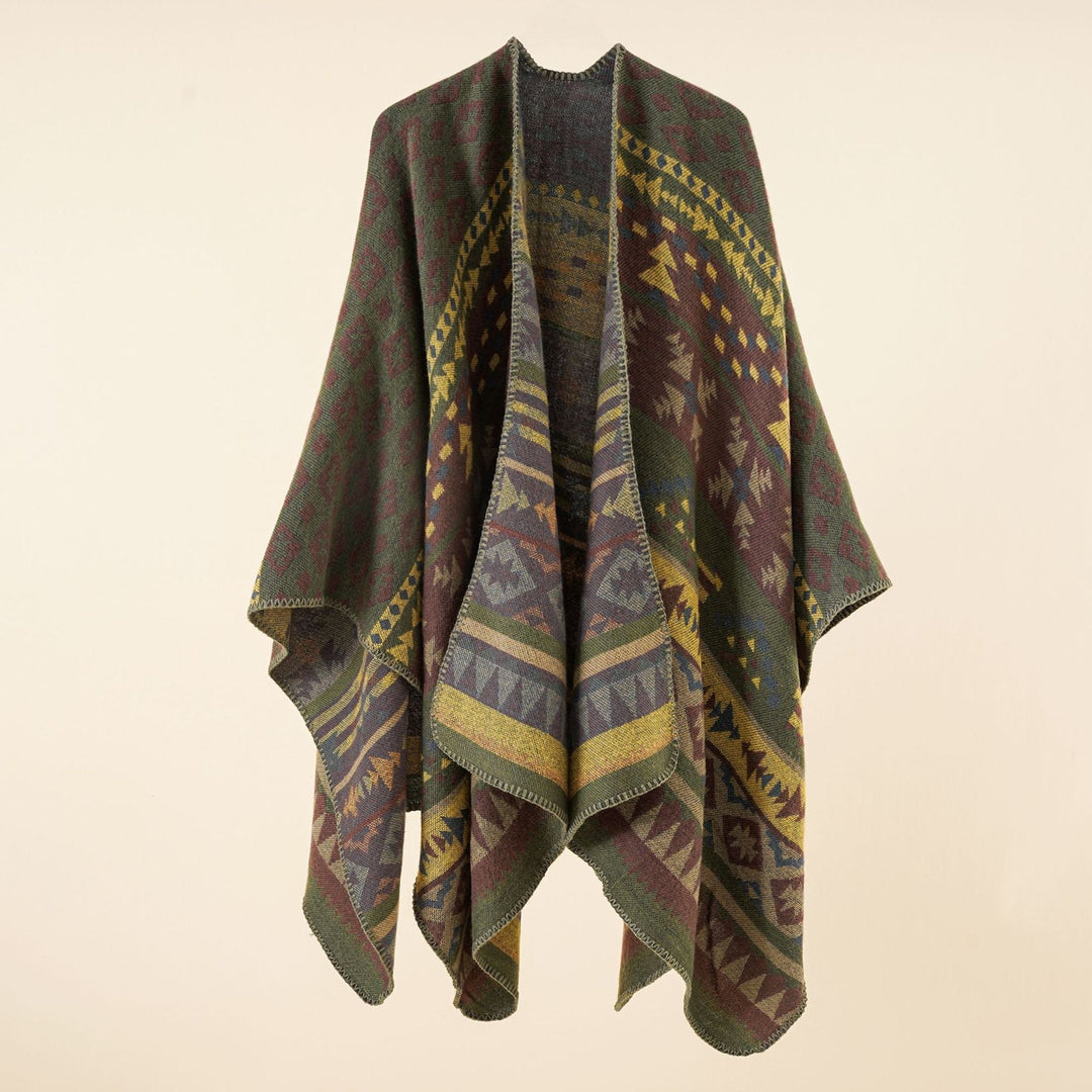 Dam coarse woven ethnic poncho med fringes