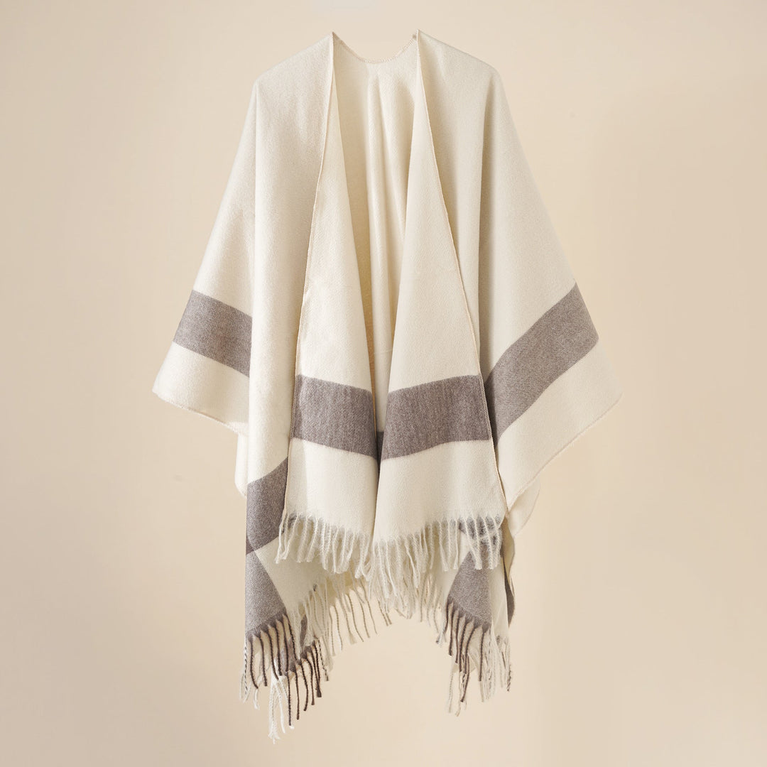 Dam ullblandning axel poncho med fringed fåll och kontrasterande block stripes