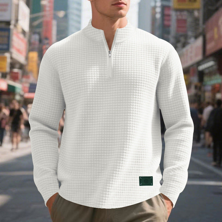 Herr Nano Lätt Waffle Stickad Pullover med Kort Krage Dragkedja och Rounded Fåll