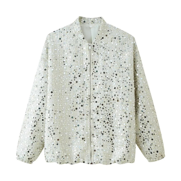 Dam glansig sequin boxy jacka med ståkrage, concealed dragkedja, och elastiska muddar