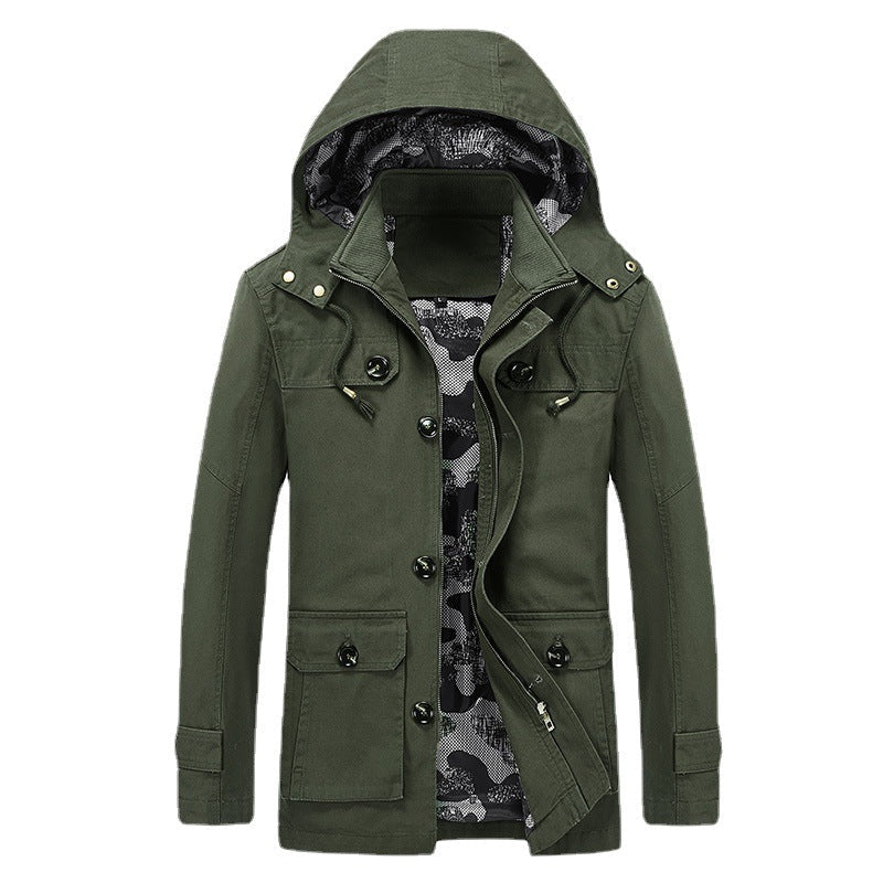 Herr Canvas med Huva Parka med Kamouflage Foder, Utility Fickor, och Hidden Dragkedja Slå