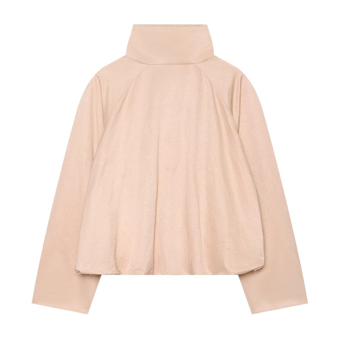 Dam Kort Windbreaker Blouson med Hög Stå Krage, Raglan Ärmar, och Drawstring Nederkant
