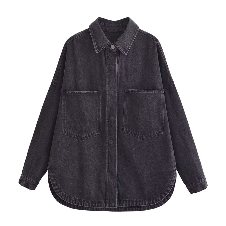 Dam Oversize Jeans Skjortjacka med Patch Fickor och Rounded Nederkant