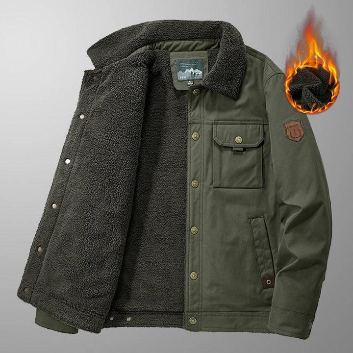 Herr Insulated Canvas Work Jacka med Teddy Fleecefoder, Bröst Patches och Utility Fickor