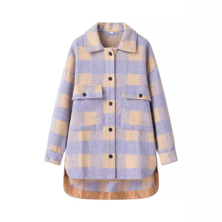 Dam oversize skjortjacka in rutig med stor Flap fickor och Curved fåll