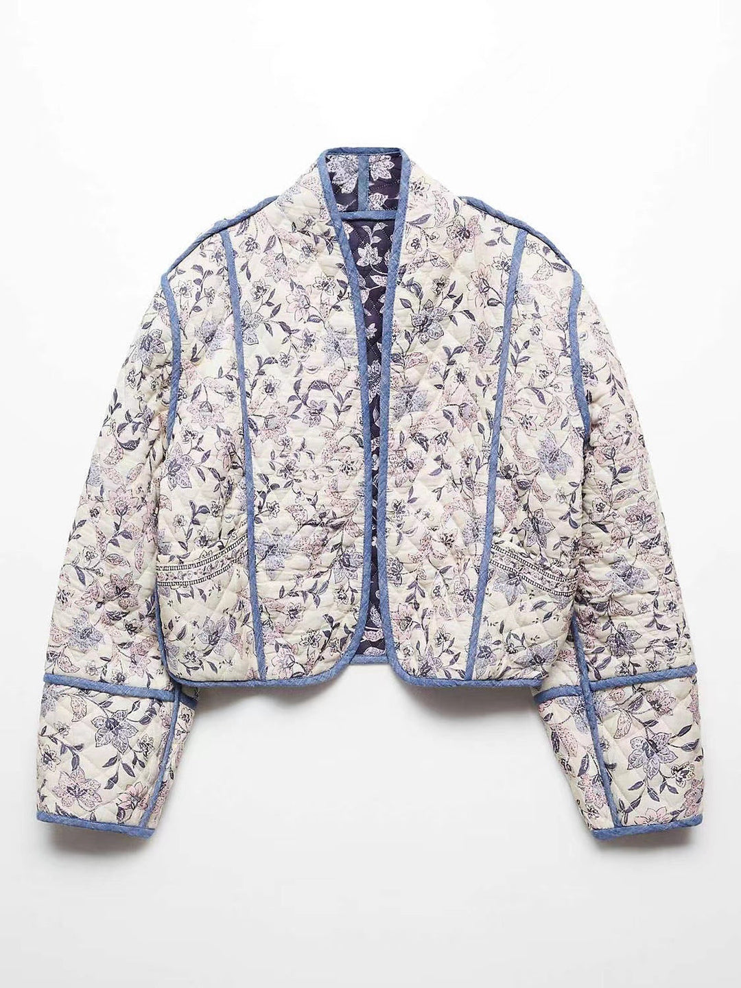 Dam kort skuren kviltad blouson jacka med blommig broderi och kontrasterande piping