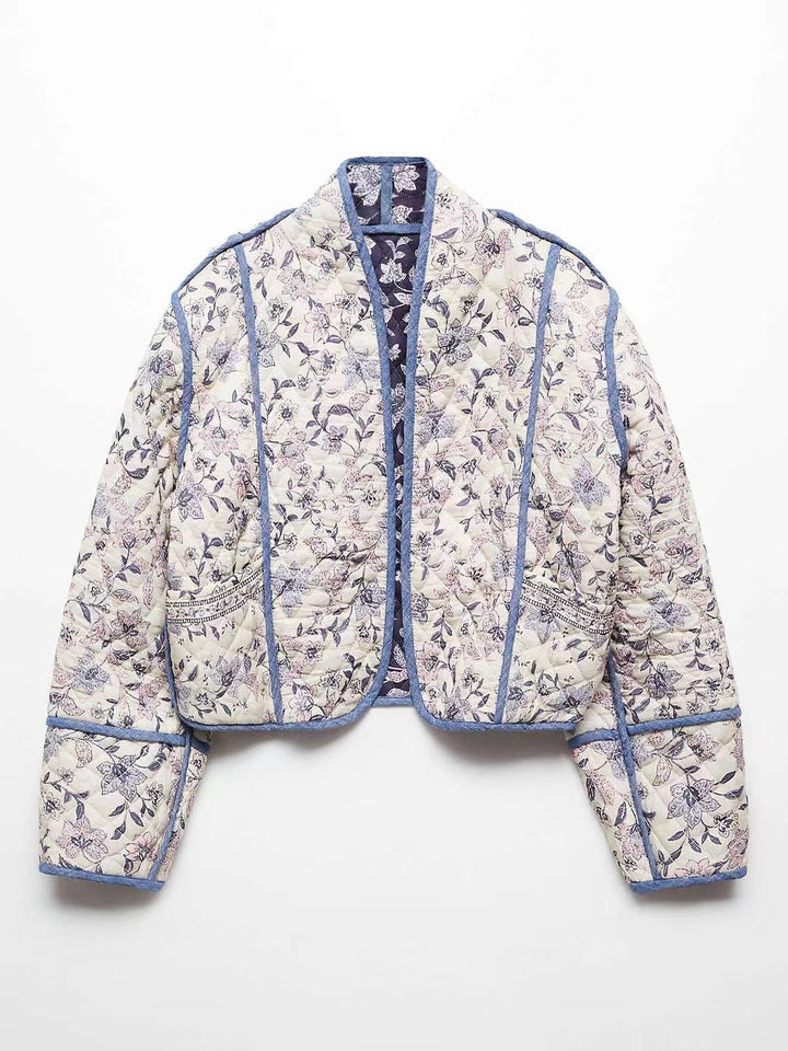 Dam kort skuren kviltad blouson jacka med blommig broderi och kontrasterande piping