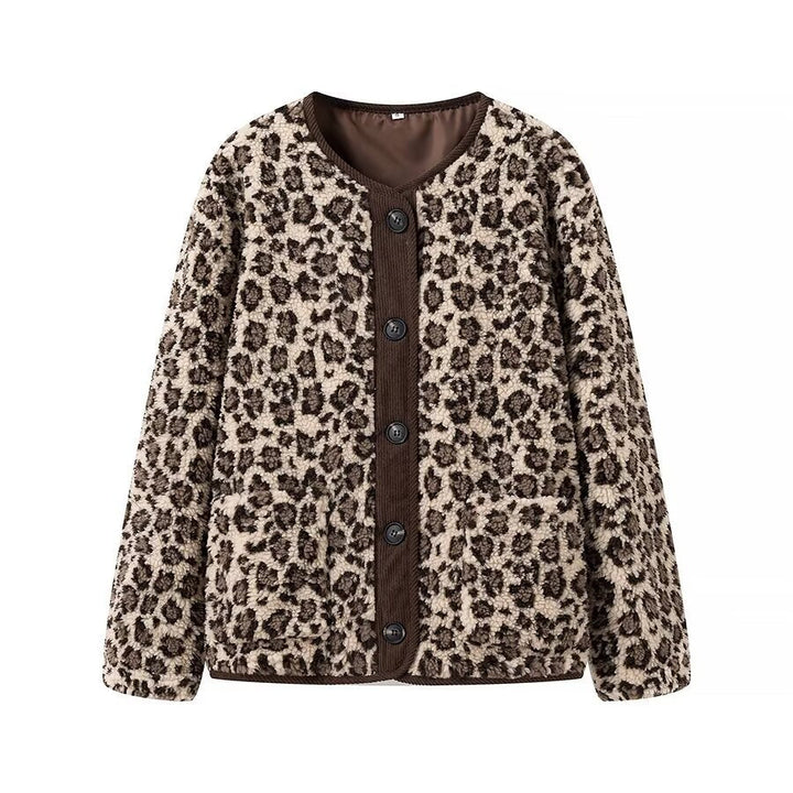 Dam Teddy Jacka med Leopard Tryck, Cord Kant och Knapp Stängning