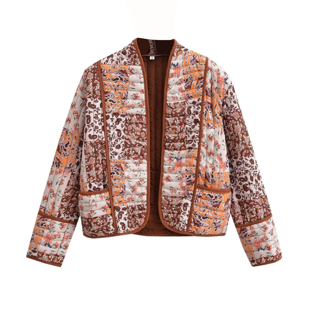 Dam Quiltad Patchwork Quiltad Jacka med Blommig Tryck, Open Kimono Silhuett och Patch Fickor
