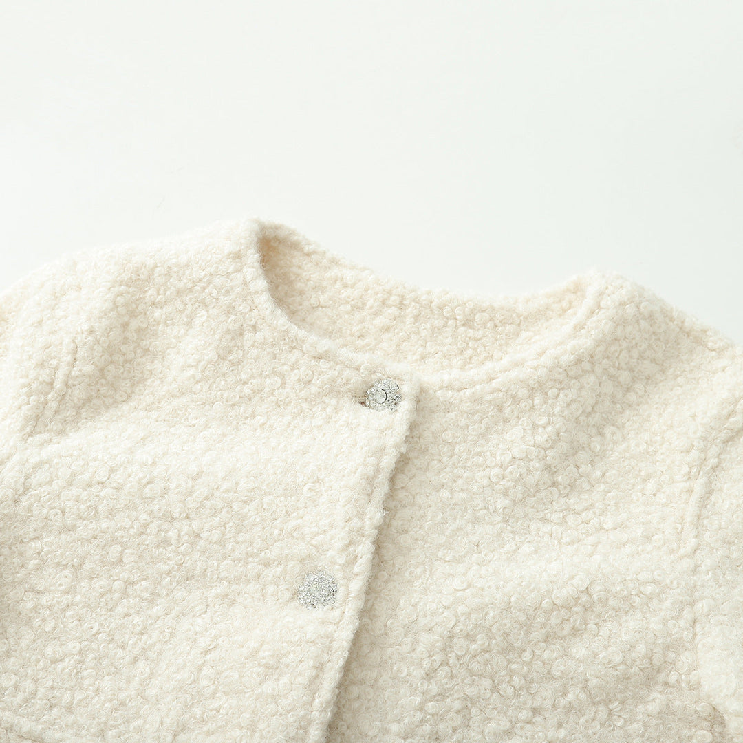 Dam Cropped Boucle jacka med Round Neckline, Flap fickor och Shimmering Decorative knappar
