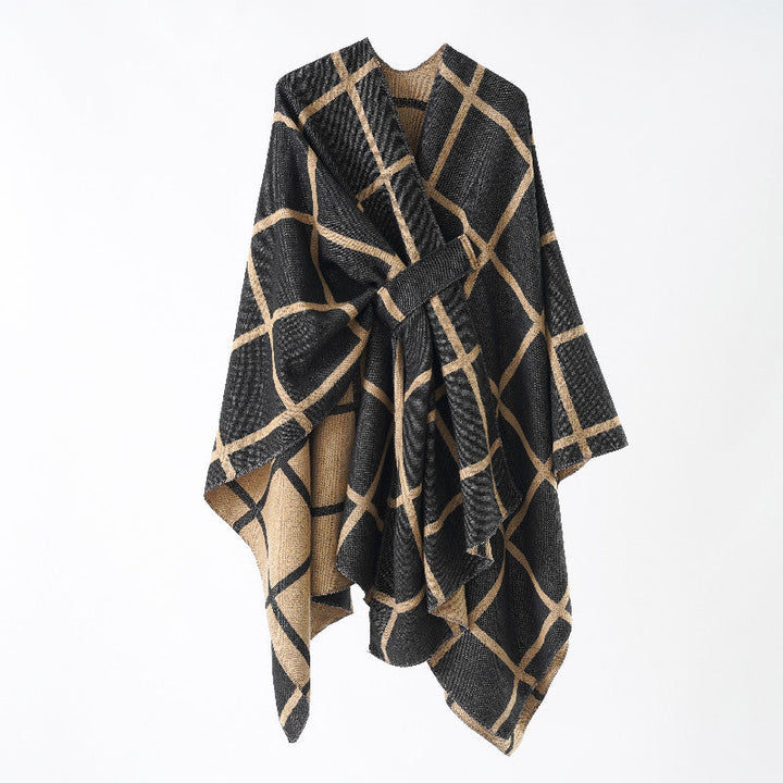 Dam Oversize ullblandning poncho med bälte och Check mönster