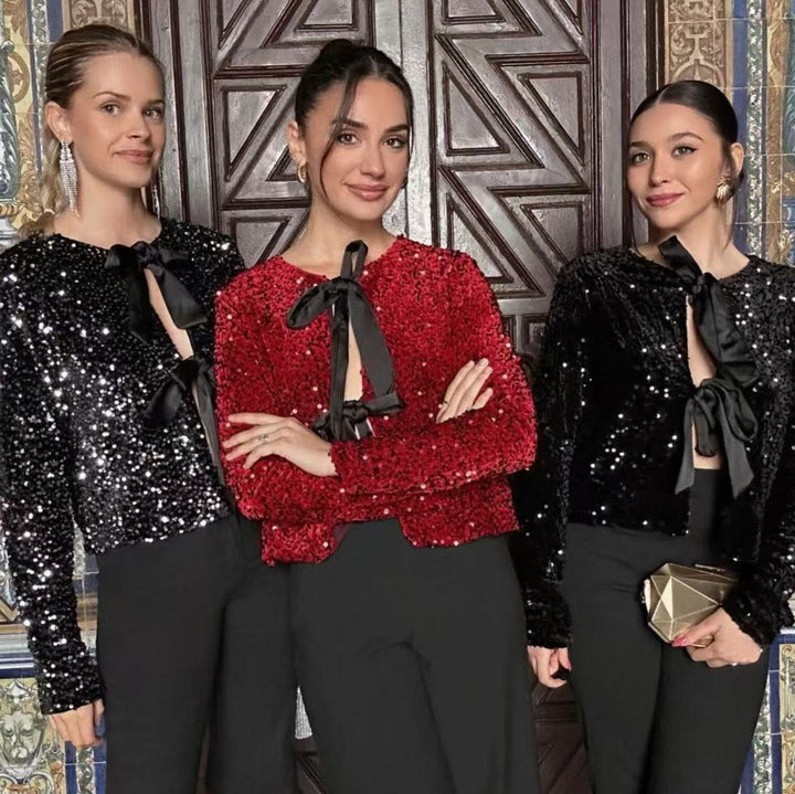 Dam Sequin Bolero jacka med dekorativ Satin Bows
