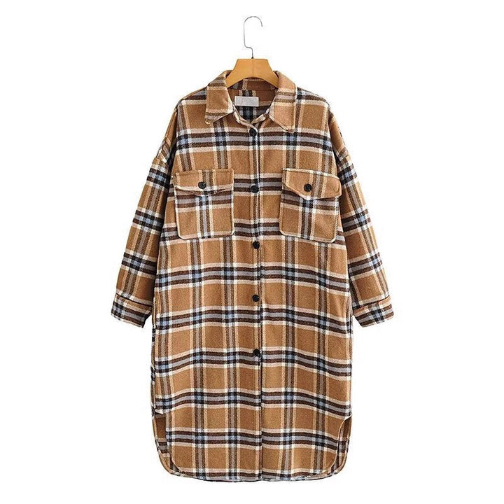 Dam Oversized Check Skjorta Jacka i Lång Modell Skärning med Lapp Bröst Fickor