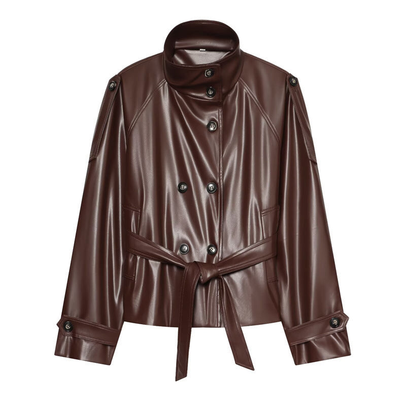 Dam kort konstläder Blouson med hög krage, Double knappslå och knytband