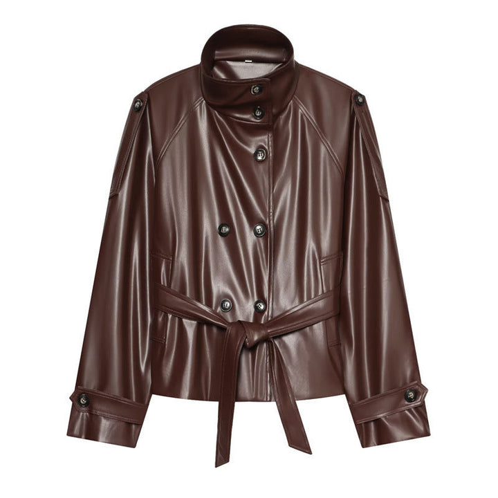 Dam kort konstläder Blouson med hög krage, Double knappslå och knytband