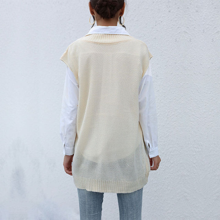 Dam lång stickad väst med Cable mönster och V-Neck