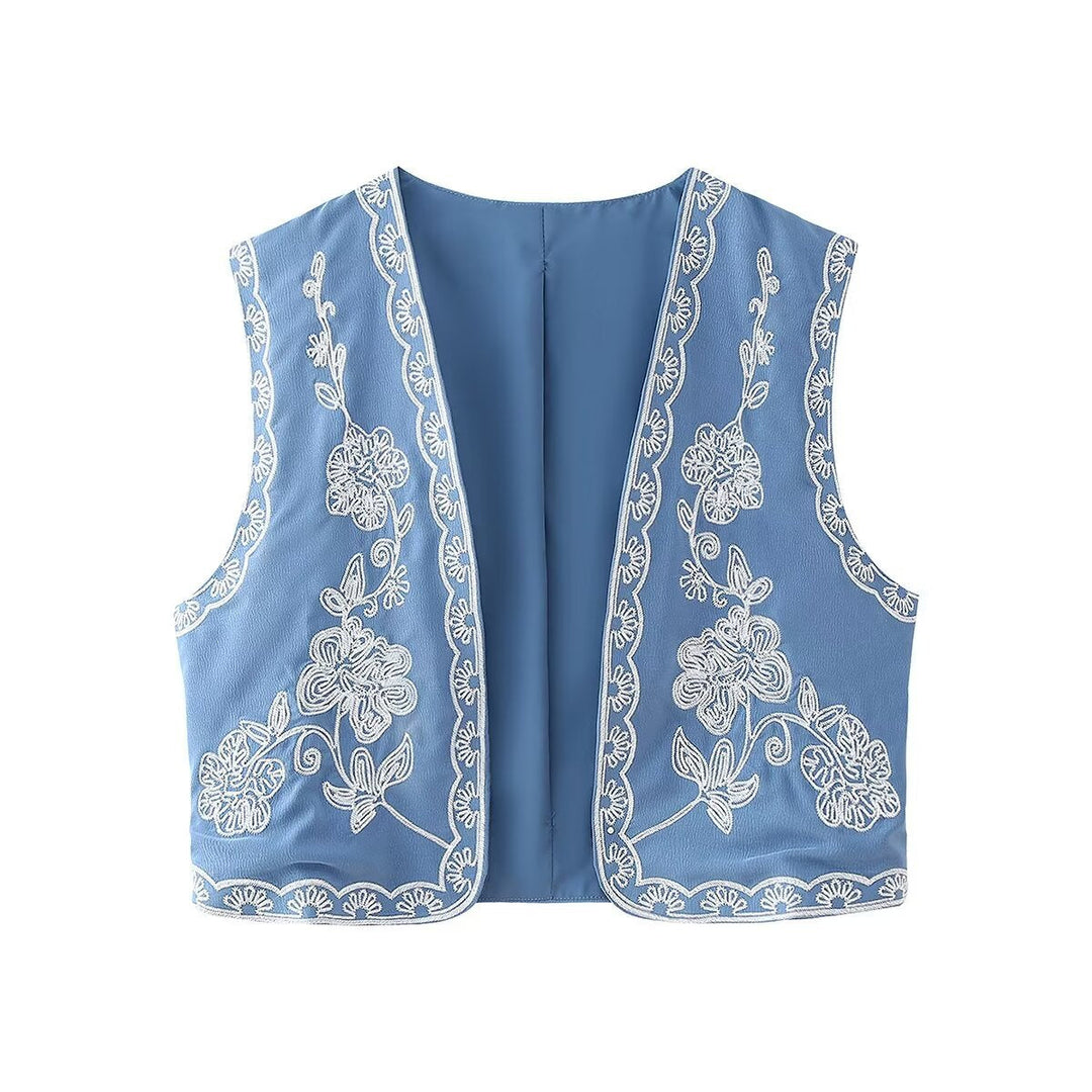 Dam embroidered kort väst med floral embroidery, öppen front och fine fåll decoration