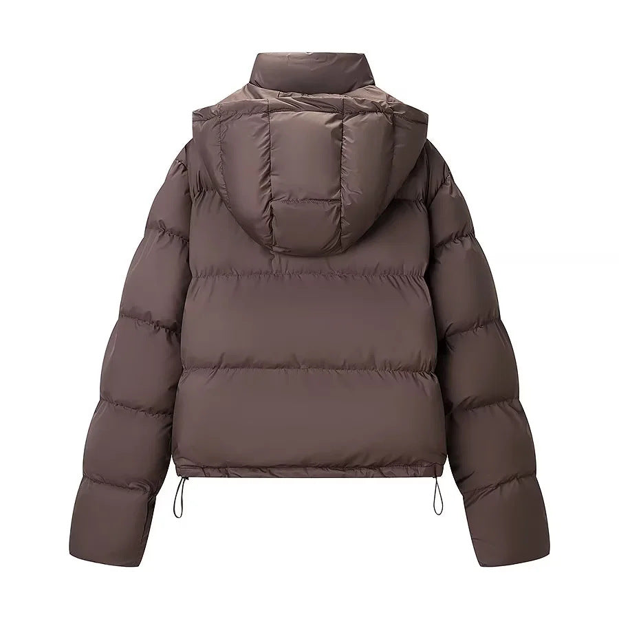 Dam kort quiltad vadderad jacka med avtagbar huva och drawstring fåll