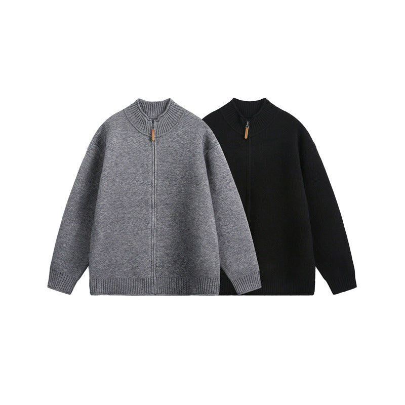 Unisex Stickad Dragkedja Jacka med Hög Ribbad Krage och Oversized Skärning