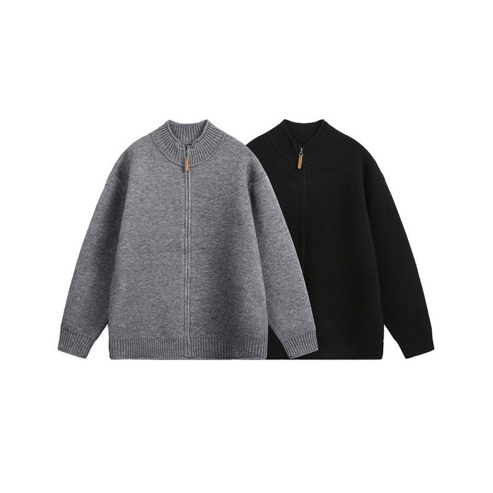 Unisex Stickad Dragkedja Jacka med Hög Ribbad Krage och Oversized Skärning