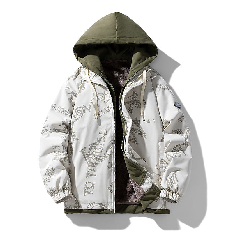 Herr Two-Layer Luvtröja med Fleece Foder och Allover Sketch Tryck