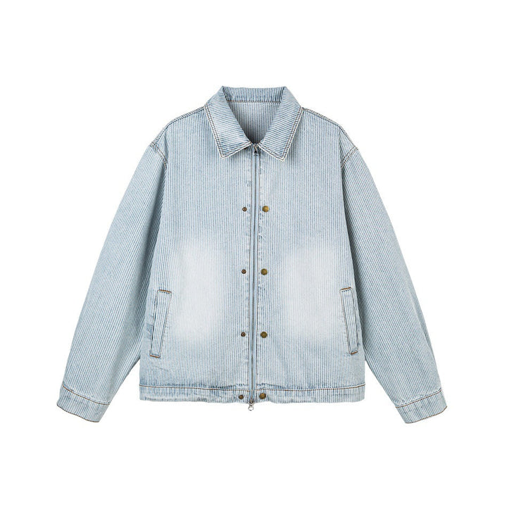Unisex Randig Oversized Denim Jacka i Arbetsstil med Ståkrage och Two-Way Dragkedja