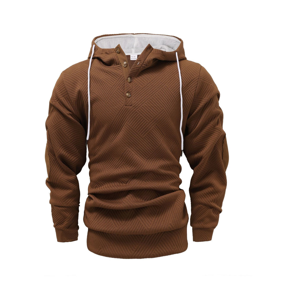 Herr Strukturerad Luvtröja i Henley Stil med Contrast Kant och Elbow Lappar
