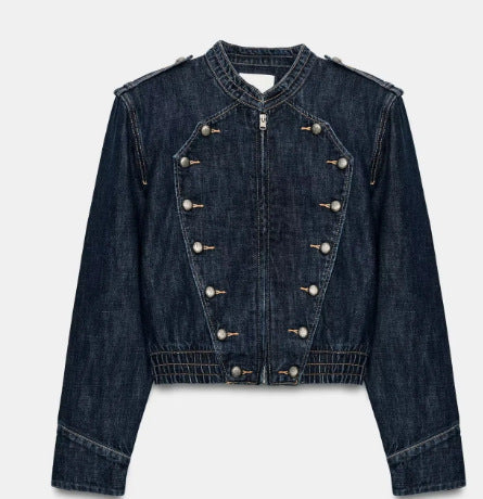 Dam Kort Denimjacka med Mandarin Krage, Dekorativ Knapp Knäppning och Shoulder Patches