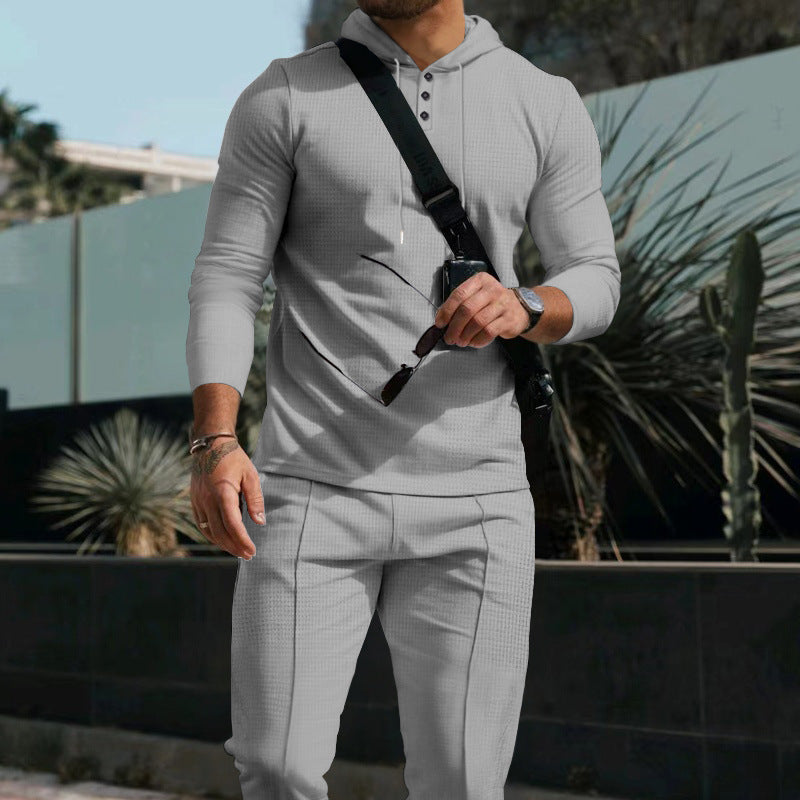 Herr Figurnära med Huva Knapplist Set Gjord av Textured Stretch Jersey med Smal Chino Jogger