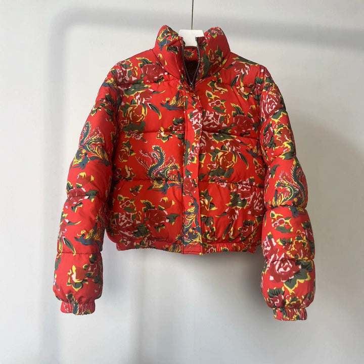 Dam Quiltad Vadderad Kort Jacka med Blommig Heltäckande Tryck och Ståkrage