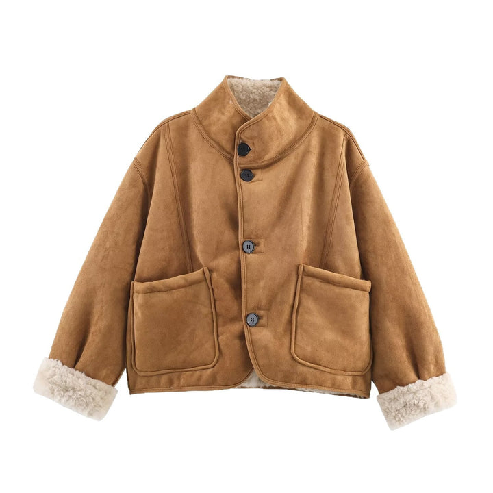Dam Kort Lambskin Imitation Jacka i Boxig Skärning med Ståkrage och Stor Outer Fickor