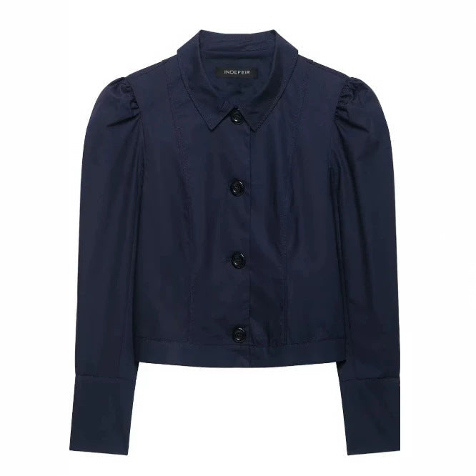 Dam Kort Blouson Jacka med Puff Ärmar, Skjort Krage och Extended Muddar