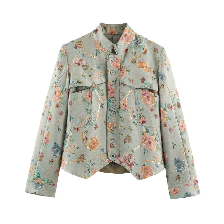 Dam Blommig Jacquard Kort Jacka med Standing Krage, Patch Fickor och Sequin Kant