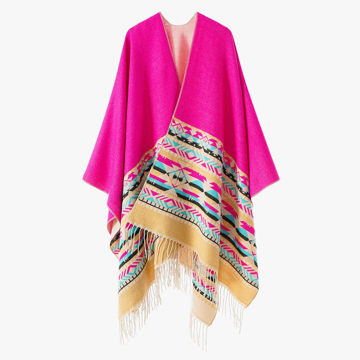 Dam Oversize Reversible poncho tillverkad av ullblandning med Ethno Jacquard och fransfåll
