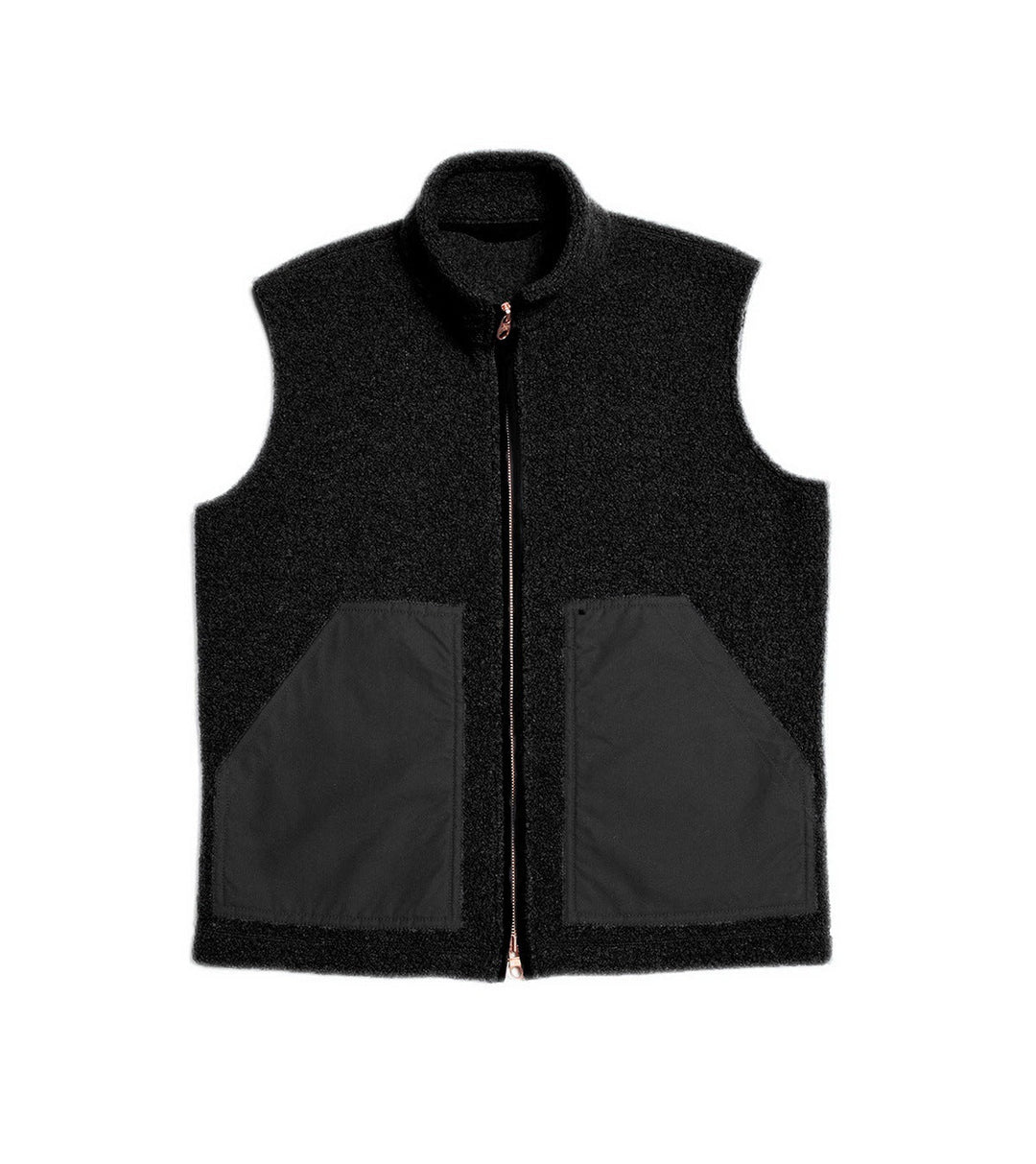 Dam kort skuren bouclé fleece väst med ståkrage, två-way dragkedja och kontrasterande utanpåfickor