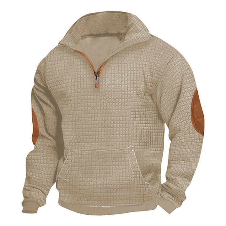 Herr Thermo-Regulating Waffle Stickad Halv Dragkedja Pullover med Känguruficka och Konstläder Elbow Lappar