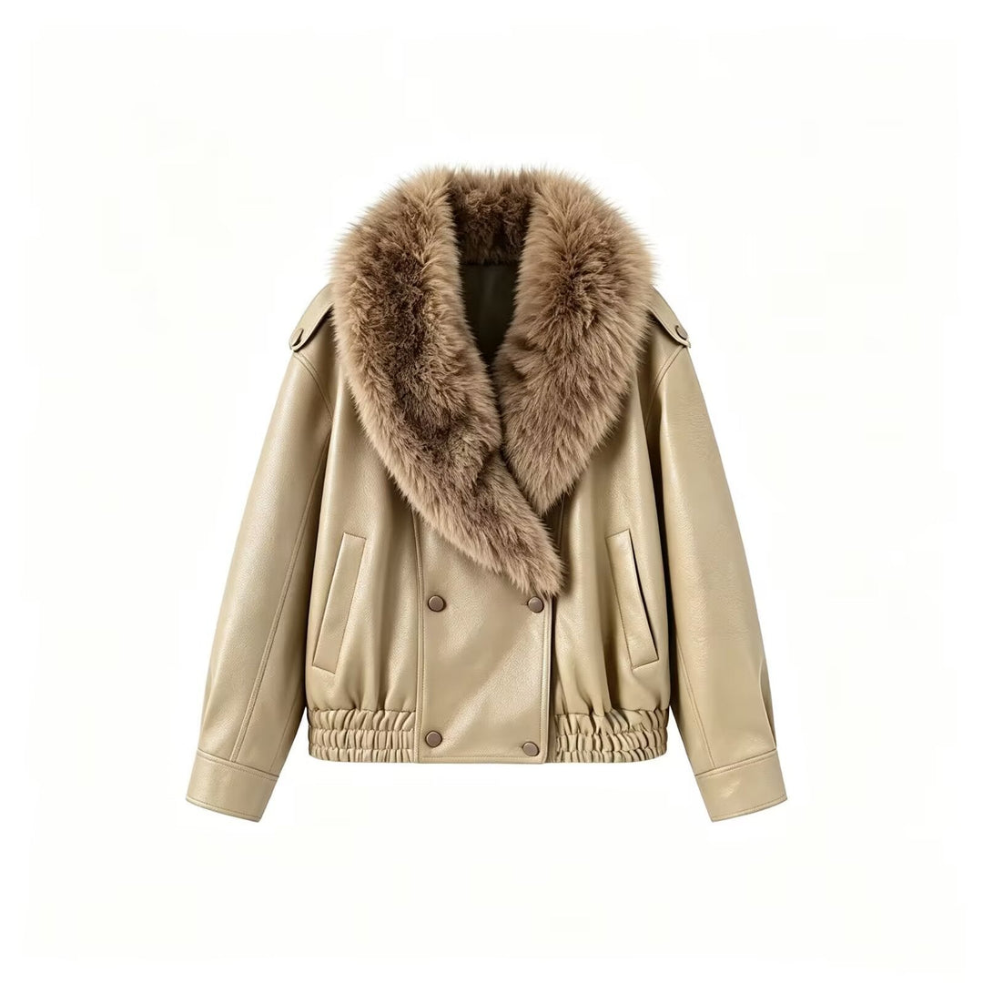 Dam Kort Jacka Tillverkad av Läderlook med Stora Faux Fur Krage