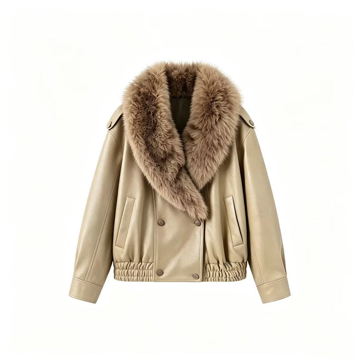 Dam Kort Jacka Tillverkad av Läderlook med Stora Faux Fur Krage