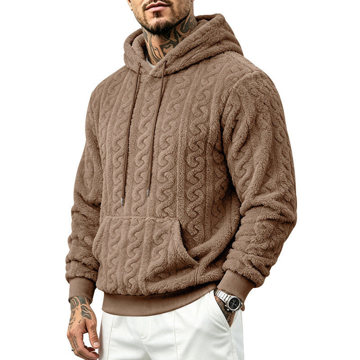 Herr Mysig Teddy Fleece Luvtröja med Cable Mönster och Känguruficka