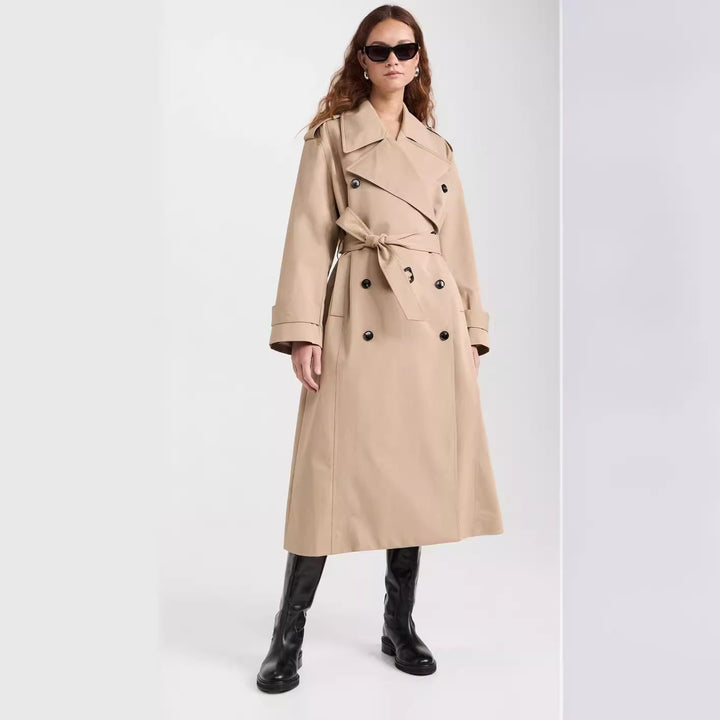 Dam lång trenchcoat gjord bomull Blend med Double-Breasted knappslå, midjebälte och Shoulder Flaps